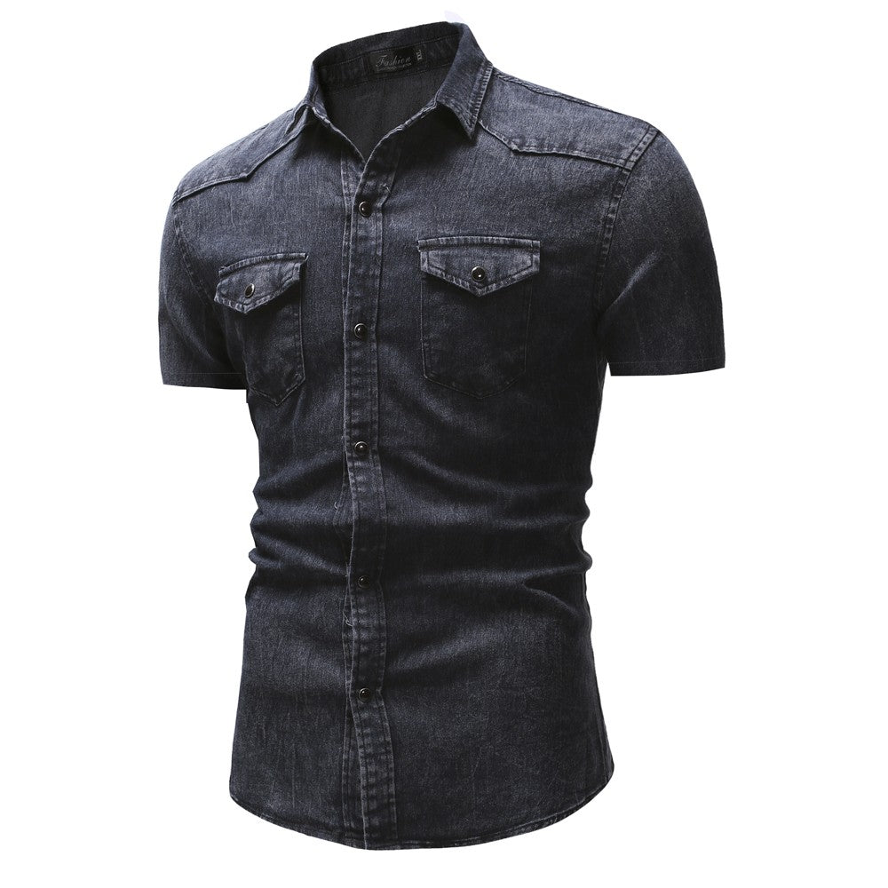 Men Denim Shirts Tops Shirt Short Sleeve Button Turn Down Collar Single Breasted Slim Fit Solid Simple Casual Splice Top 2024
