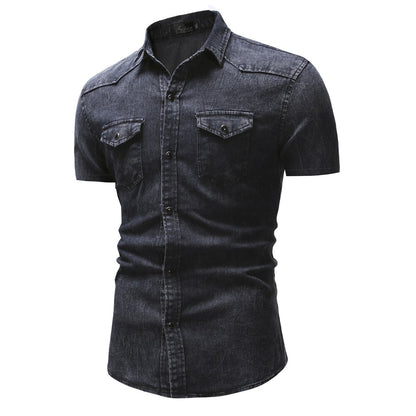 Men Denim Shirts Tops Shirt Short Sleeve Button Turn Down Collar Single Breasted Slim Fit Solid Simple Casual Splice Top 2024