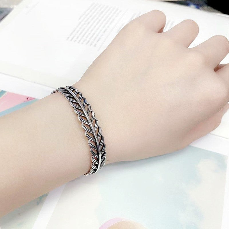 Pulseira Bracelete de Prata Esterlina 925 Pena Flor Dourada Vintage Punk Para Mulheres Homens Joias da Moda Presente Dropship Atacado