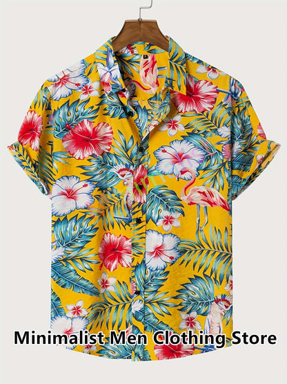 2023 Leaf and Flamingo Print Shirt For Men Hawaiian Shirt Casual Beach Short Sleeve Fashion Tops Male Blouse Summer Clothing