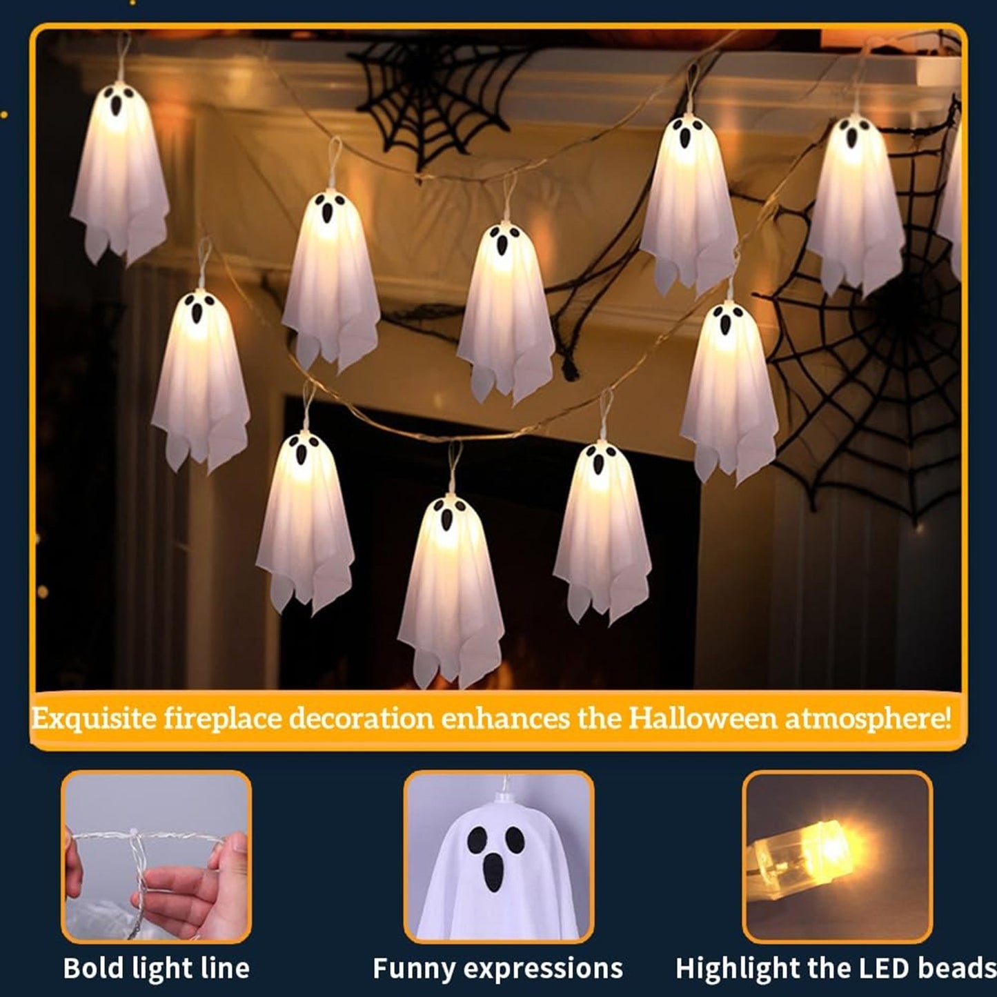 10Pcs LED Spooky Hanging Ghosts Decor, Halloween Ghost String Lights, Battery Operated Light Up Glow Garland for Indoor Outdoor