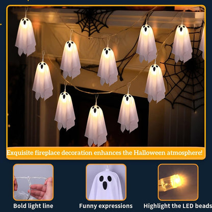10Pcs LED Spooky Hanging Ghosts Decor, Halloween Ghost String Lights, Battery Operated Light Up Glow Garland for Indoor Outdoor