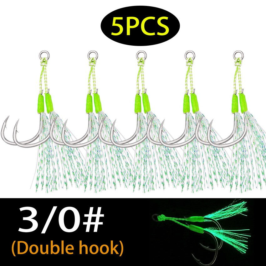 Anzóis Jig Assist 5 Peças, Linha de Aço Inoxidável de Alta Resistência, Tubo Luminoso, Pena, Anel Sólido, Anzol de Jigging, Anzóis de Pesca de Barco