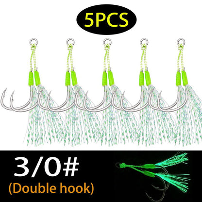 Anzóis Jig Assist 5 Peças, Linha de Aço Inoxidável de Alta Resistência, Tubo Luminoso, Pena, Anel Sólido, Anzol de Jigging, Anzóis de Pesca de Barco