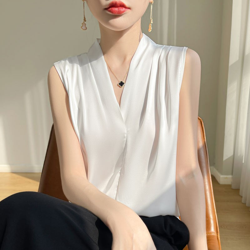 Womens Tops Blouses Solid Color White Satin Blouse Office Shirt Blusas Sleeveless Women Shirts Black White Female YTM A31