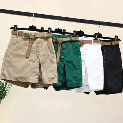 Chic Shorts Women Belt Korean Solid Buttons Side Slit A-line Streetwear Fashion Skirts Chic Harajuku Summer Loose Pants