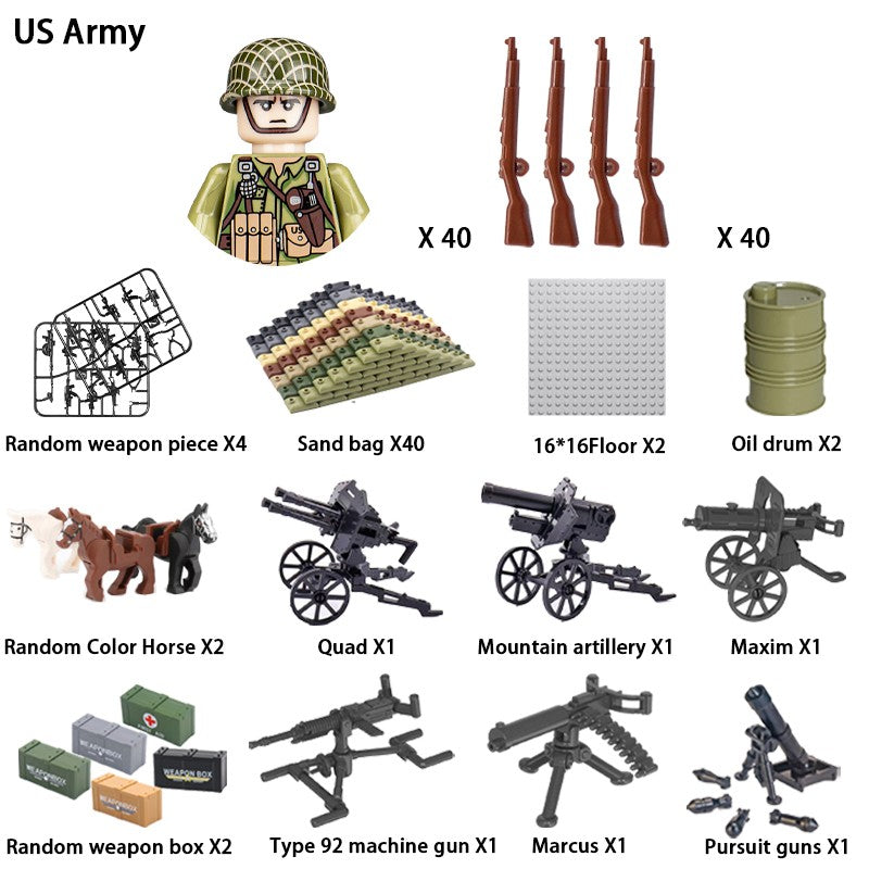 Brinquedos de blocos de montar para crianças: Modelos de Mini Armas de Exército Nacional de Guerra de Soldados de Infantaria da Segunda Guerra Mundial