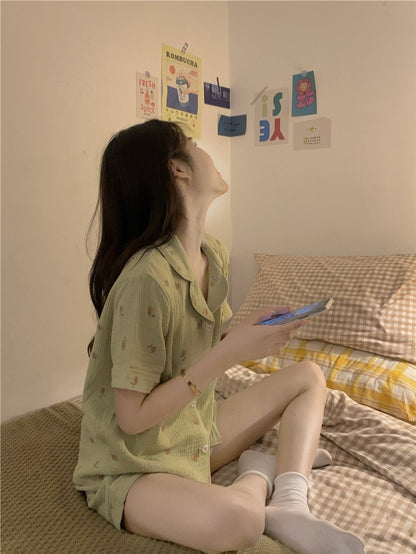 Women's Pajamas Set Foam Cotton Sleepwear Button down Tops and Shorts Pajama 2 Piece Suit Femme Nightwear Loungewear for Summer