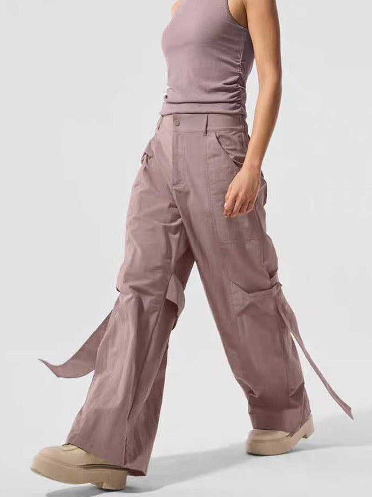 Sports Wide Leg Cargo Pants Women Elastic Waist Loose Solid Color Workwear Pants High Waist Fitness Women's Trousers Sportswear