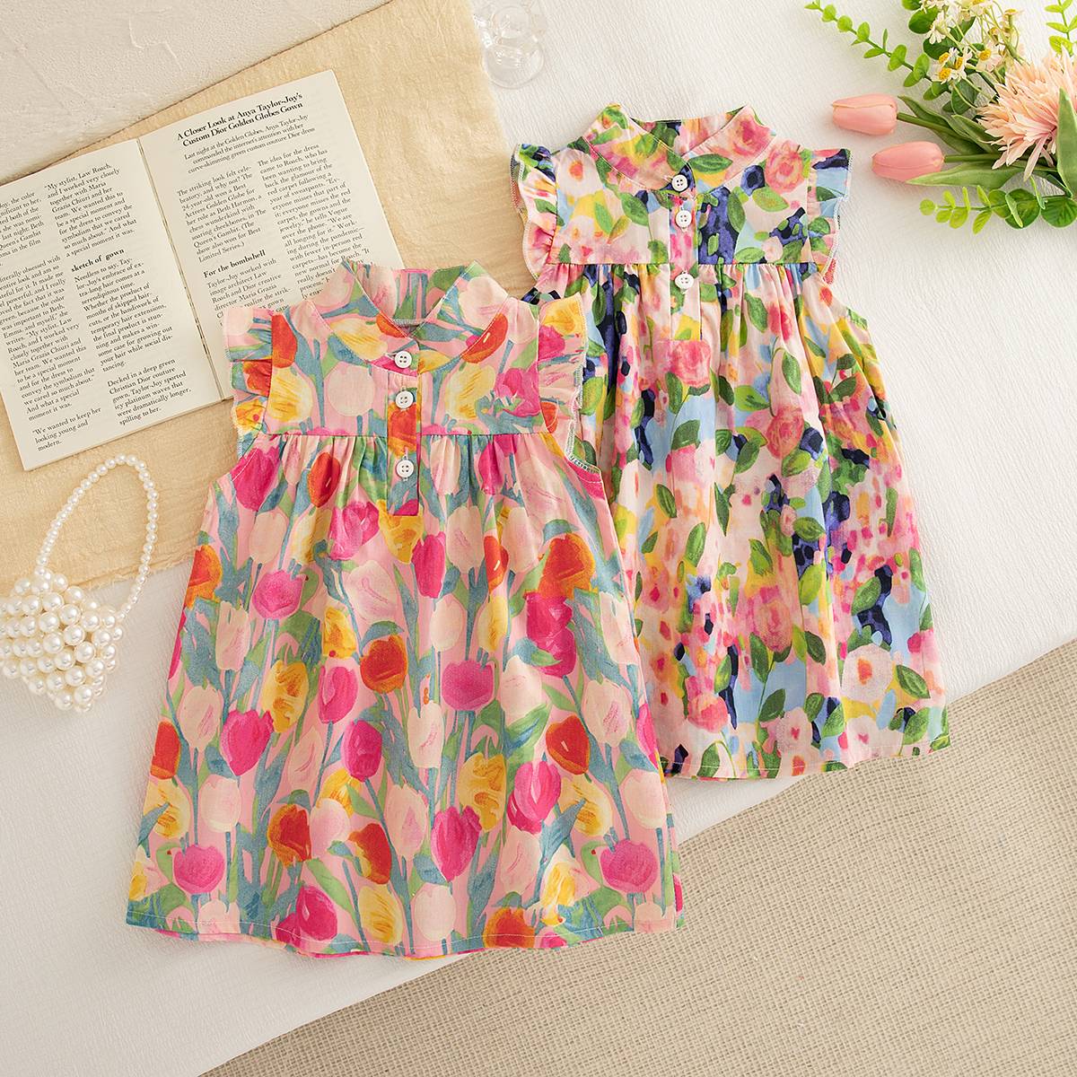 Baby Girl Dress, Summer New Sweet Flower Ruffled Sleeve Children'S Sleeveless Clothes Suitable For 0-3 Years Old