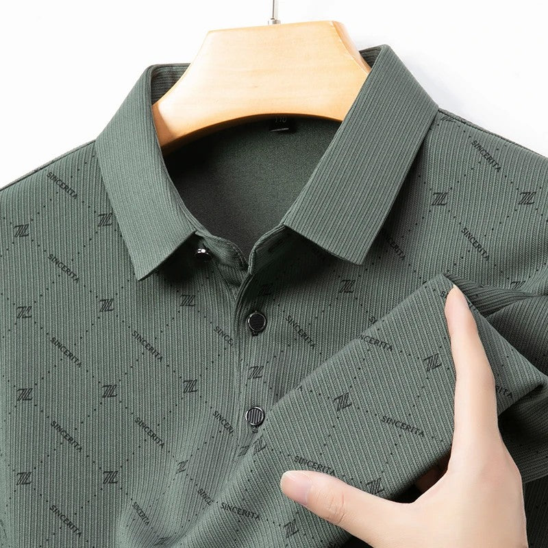 New Men's Business Casual Long Sleeved Shirt with Badge Solid Color Polo Shirt Fashionable Breathable Comfortable Versatile Top