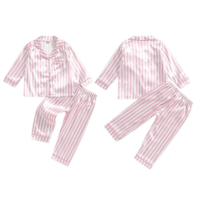 Kid Girls Boys Fall Pajamas Set Stripe Print Long Sleeve Shirts Tops Long Pants Satin 2 Pieces Lounge Suit Sleepwear