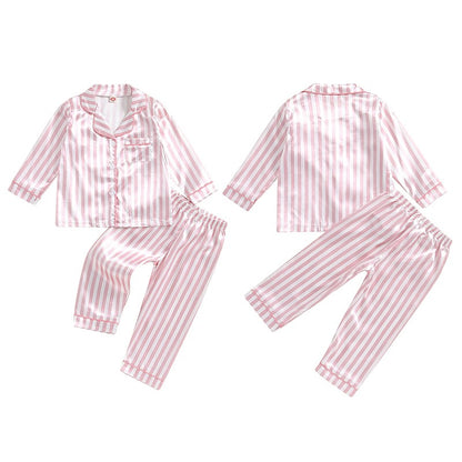 Kid Girls Boys Fall Pajamas Set Stripe Print Long Sleeve Shirts Tops Long Pants Satin 2 Pieces Lounge Suit Sleepwear