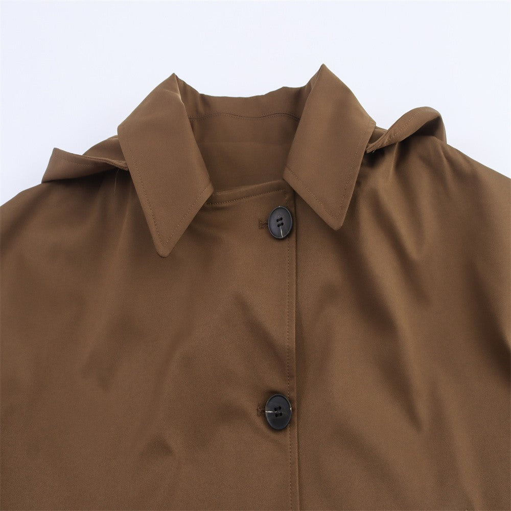 Autumn new European and American style hooded long sleeved lapel jacket single breasted trench coat short jacket