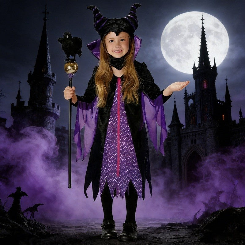 Halloween Costume Cartoon Maleficent Cosplay Dress Fancy Witch Disguise Robe Carnival Devil Queen Dot Tulle Frock