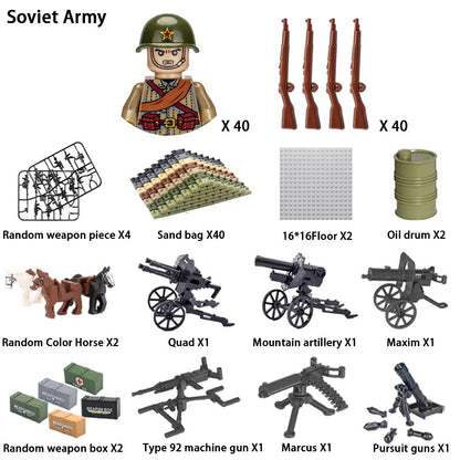 Brinquedos de blocos de montar para crianças: Modelos de Mini Armas de Exército Nacional de Guerra de Soldados de Infantaria da Segunda Guerra Mundial