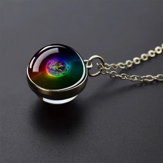 Double Sided Galaxy Planet Glass Ball Pendant Necklace Sun Earth Moon Mars Necklaces Jewelry