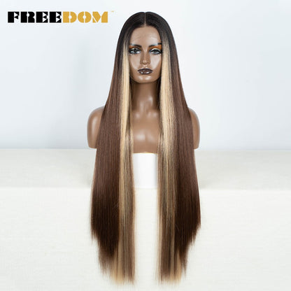 Peruca frontal de renda sintética FREEDOM para mulheres, 38 polegadas, longa, lisa, ombré, marrom, vermelho, gengibre, destaque, perucas frontais de renda, peruca de cosplay