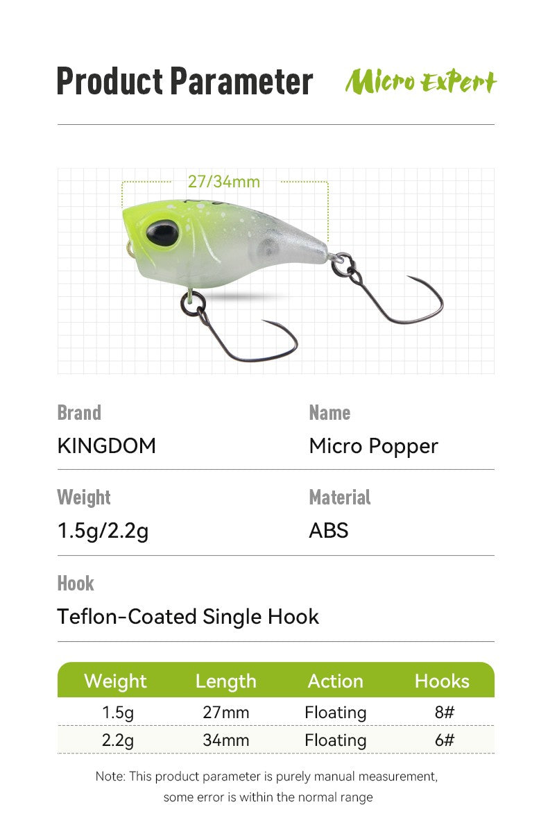 Isca Artificial Kingdom Micro Expert Topwater Popper 1.5g 2.2g 27mm 34mm Flutuante Rígida Wobblers Pesca Riacho Truta Baixo