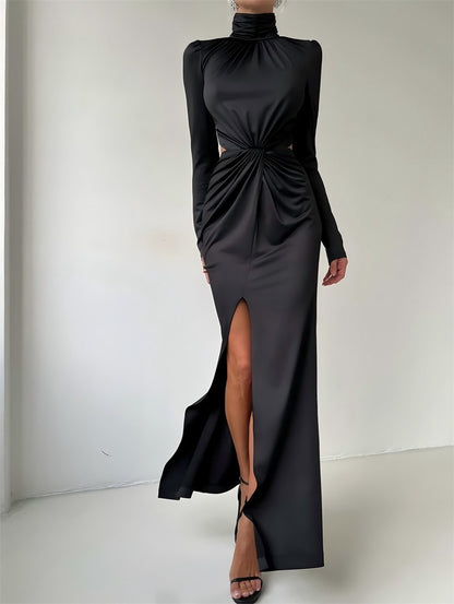 Mozision Turtleneck Backless Sexy Maxi Dress Women Gown Autumn Winter Elegant Long Sleeve Thigh High Split Club Party Long Dress