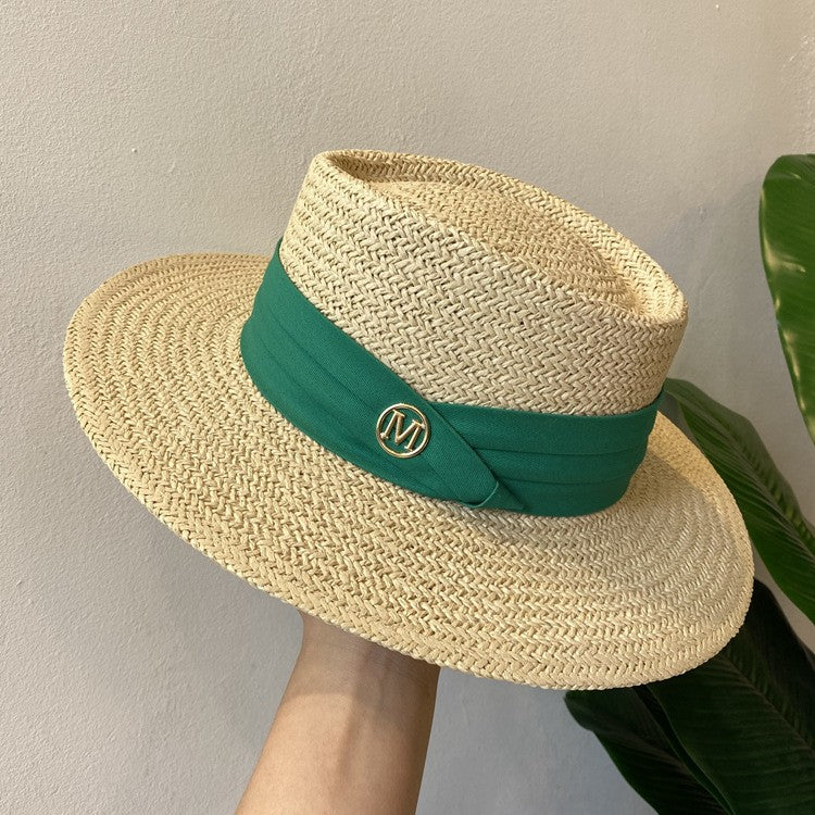 Chapéu de Palha Feminino de Verão Chapéu de Sol Luxuoso Feminino Chapéu de Praia de Proteção Solar da Moda Chapéu Panamá Francês Chapéu Raff de Aba Larga com Topo Abaulado