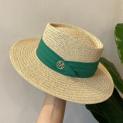 Chapéu de Palha Feminino de Verão Chapéu de Sol Luxuoso Feminino Chapéu de Praia de Proteção Solar da Moda Chapéu Panamá Francês Chapéu Raff de Aba Larga com Topo Abaulado