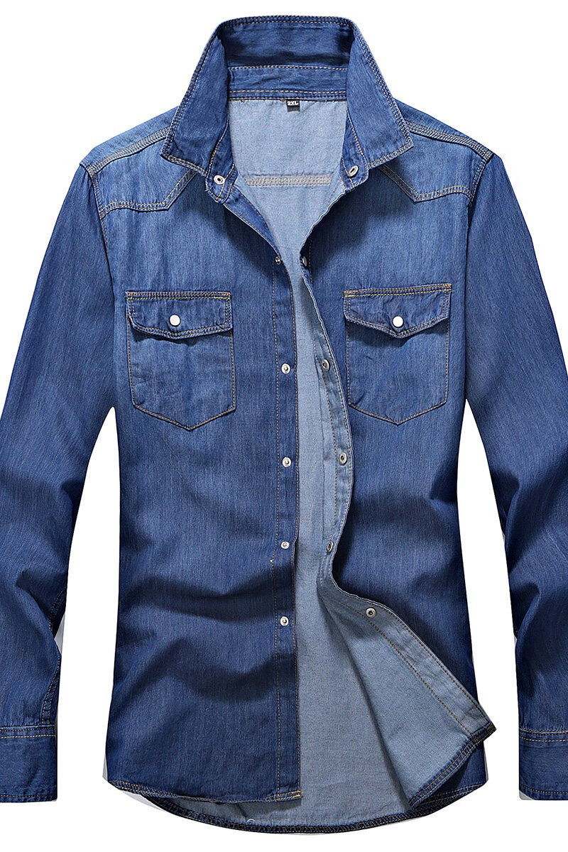 2025 Spring Men Slim Fit Denim Shirts Men Casual Solid Color Long Sleeve Cotton Shirts Male Jeans Shirt Fashion Cowboy Shirt 4XL