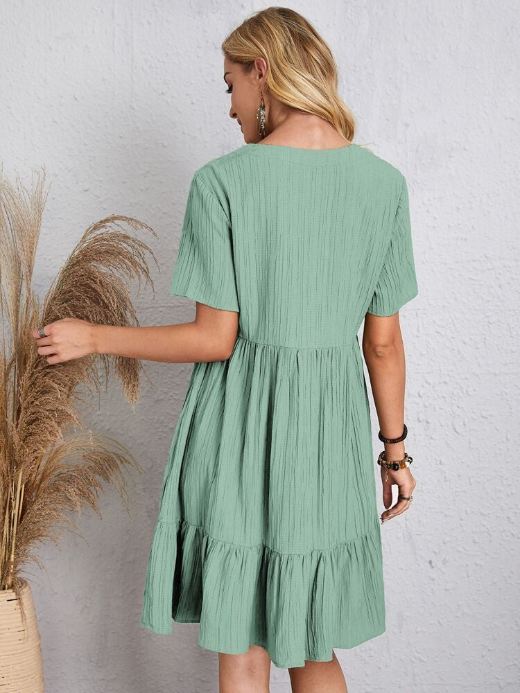 Women Elegant Short Sleeve V Neck Ruffles Dress Summer Casual Solid Loose Mini Dress Chic Bohemian Sundress Beach Party Vestidos