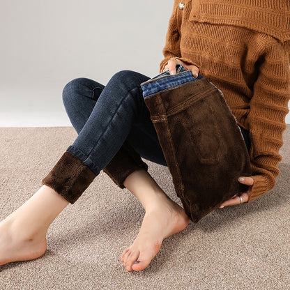 Women Thermal Jeans Winter Snow Warm Thickened Fleece Stretch Skinny Pencil Pants Fashion Korean Slim Fit Velvet Plush Pants