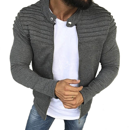 Autumn Sports Casual Men Jacket Men's Pleats Slim Stripe Fit Jacket Zipper Long Sleeve Coat Cardigan Coat