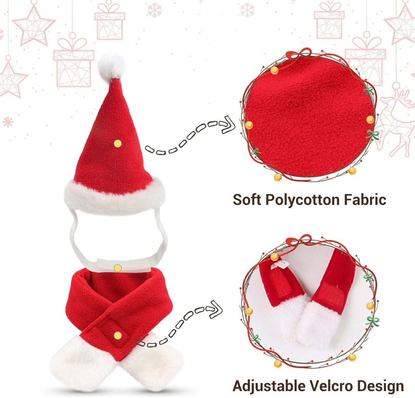 Conjunto de Fantasia de Natal para Pets, Gorro e Cachecol Ajustáveis de Papai Noel para Cães Pequenos, Gatos e Filhotes, Acessórios para Fotos de Festas