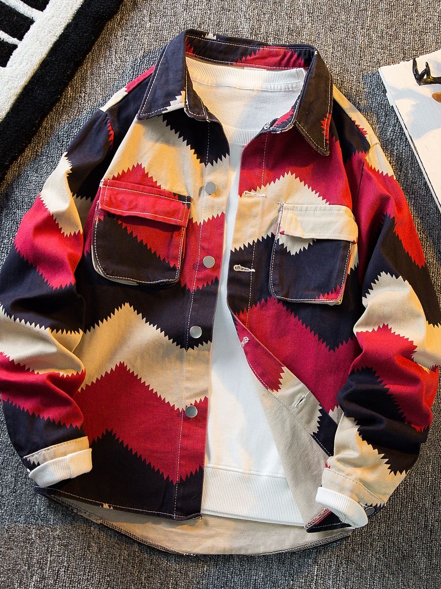 American Retro Diamond Denim Shirt Men Clothing Autumn Polo Neck Trendy High Strret Loose Casual Blouses Cargo Jacket for Men