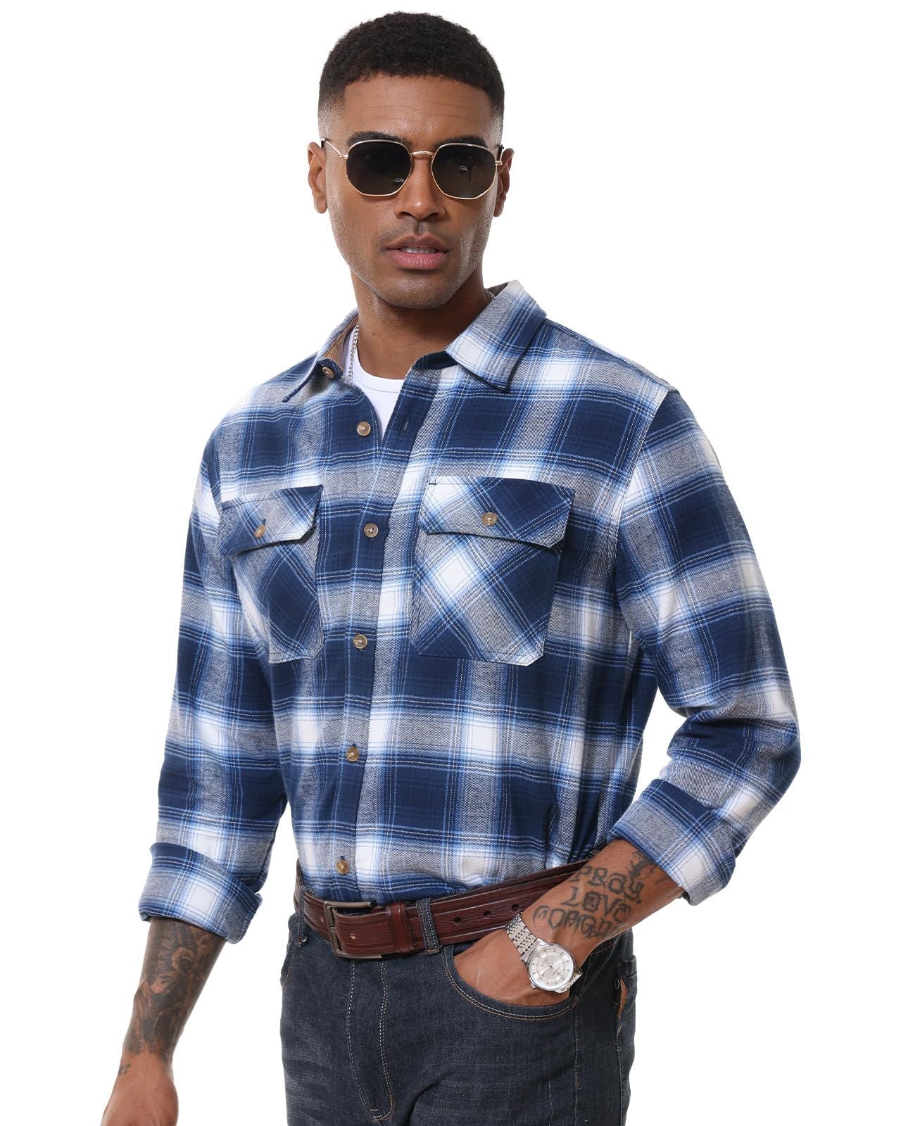 MAGCOMSEN Flannel Shirts Men's Long Sleeves Cotton Long Sleeve Plaid Shirt with 2 Pockets Button Down Casual Corduroy Shirt Male
