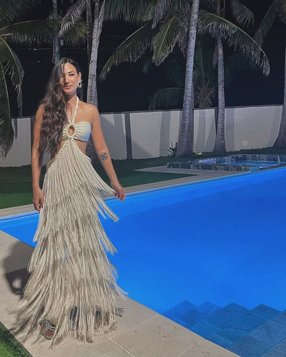 2025 New Tassel Skirt Set Women A Line Skirt High Waist Beach Skirt Crossover Top Summer Beach Holiday Party Bathing Suit