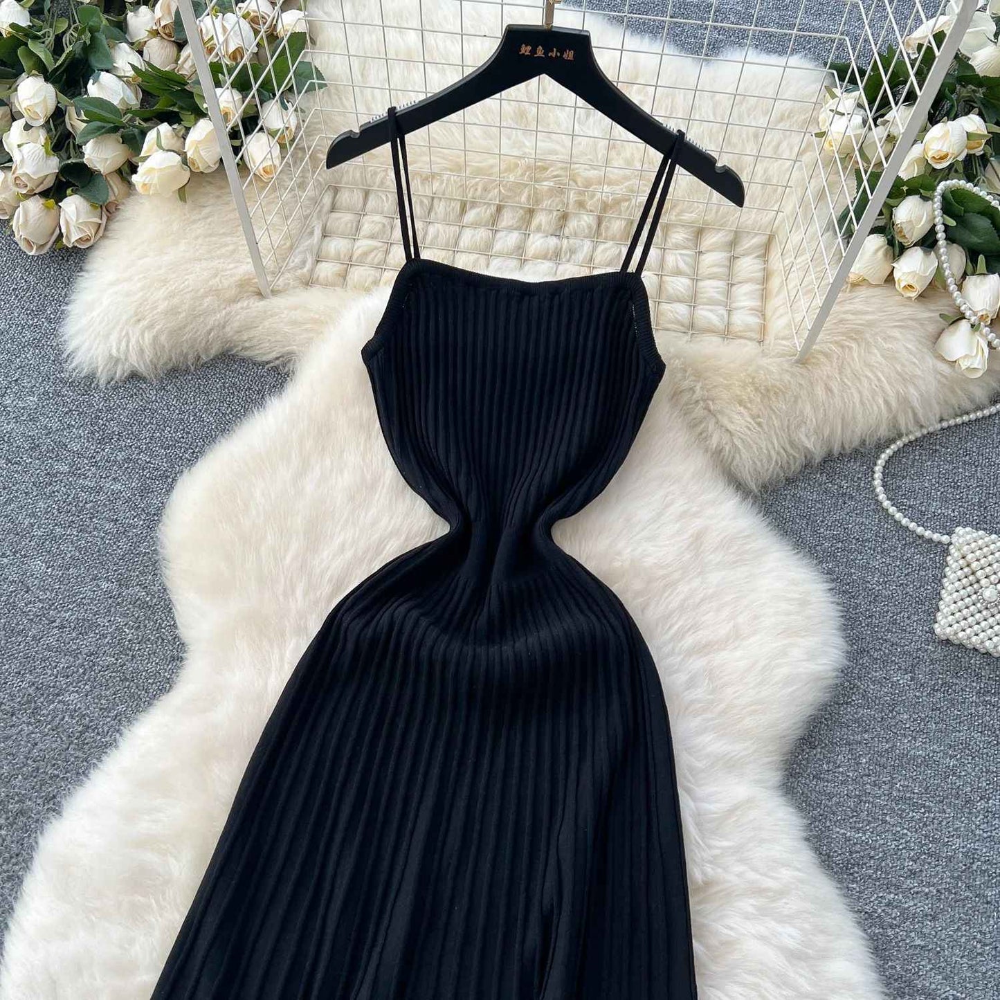 Knitted Pleated Long Dress High Waist Midi Sling Dress Elegant Sleeveless Yellow