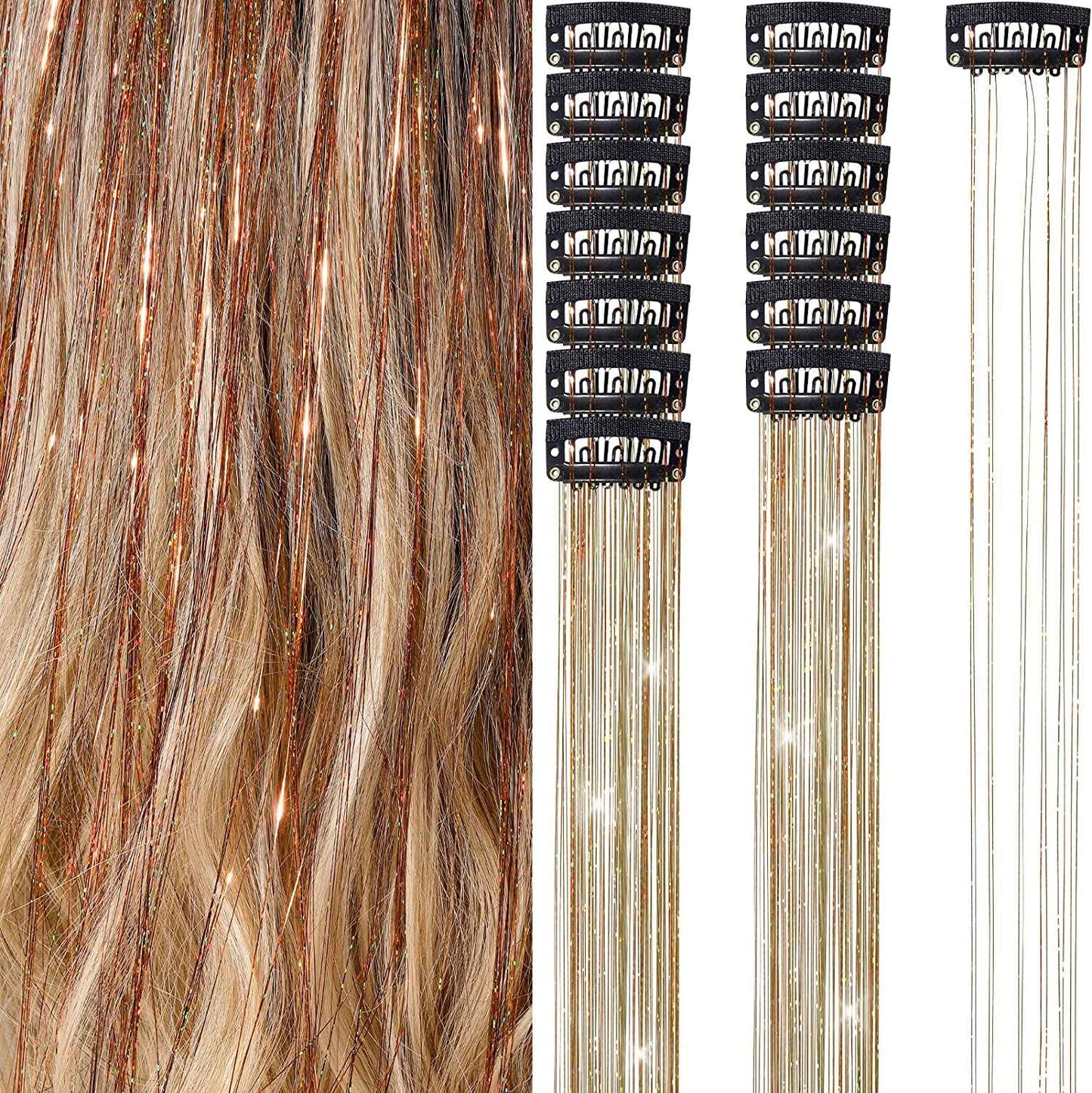 6 peças de extensões de cabelo brilhantes de 50 cm, extensões de cabelo sintéticas, presilhas de cabelo para trançar, chapéus femininos