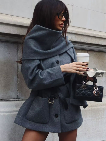 TFMLN Winter New Ladies Solid Jackets Elegant Long Sleeve Pockets Coat Fashion Scarf Collar Warm Short Jacket Streetwear