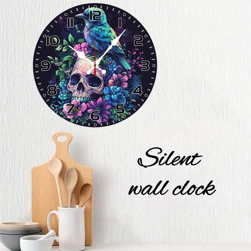 Evil Skull Wooden Round Silent Hanging Wall Clock, Suitable For Living Room, Office, Study Room, Bedroom, Home Decoration