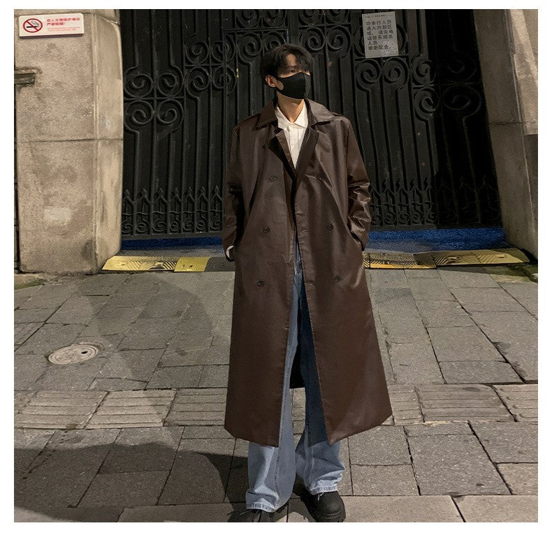 Autumn Trench Coat Men's High-end Luxury Double Row PU Leather Coat Male Long Korean Style Windbreaker Motorcycle Leather Jacket