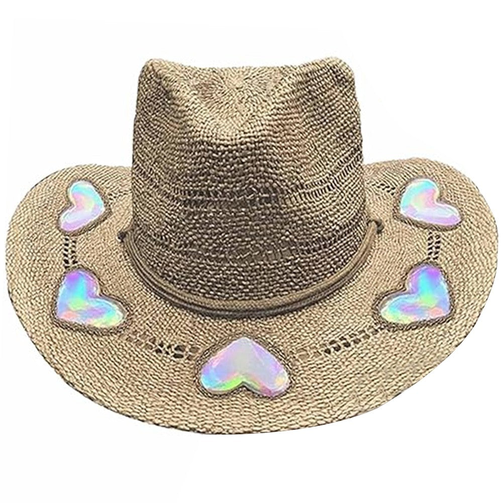 Suncatcher Cowgirl Chapéu de Palha com Prisma Chapéu de Cowboy Tecido à Mão Feminino Boné de Palha Aba Larga Chapéu de Sol Feminino da Moda para Praia de Verão