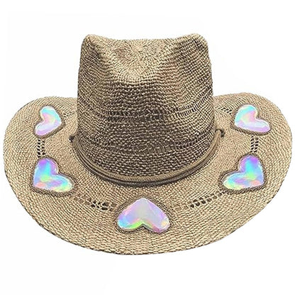 Suncatcher Cowgirl Chapéu de Palha com Prisma Chapéu de Cowboy Tecido à Mão Feminino Boné de Palha Aba Larga Chapéu de Sol Feminino da Moda para Praia de Verão