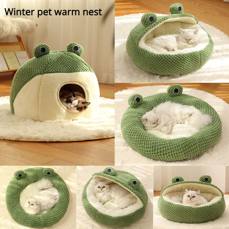 Nova Cama para Animais de Estimação Inverno Quente Toca para Cão Gato Vilinha Pelúcia Colchão para Pets Pequeno Formato Sapo Semi-Fechada Casa para Gatinhos Filhotes Suprimentos para Animais de Estimação