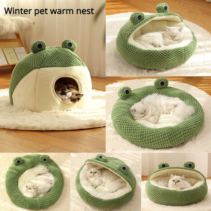Nova Cama para Animais de Estimação Inverno Quente Toca para Cão Gato Vilinha Pelúcia Colchão para Pets Pequeno Formato Sapo Semi-Fechada Casa para Gatinhos Filhotes Suprimentos para Animais de Estimação
