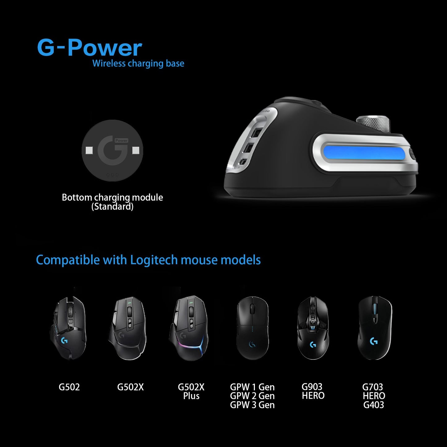 Base de carregamento sem fio Fanxoo G-Power para mouse Logitech G502 G502X Plus GPW G903 com luz RGB e botão de controle de volume do computador