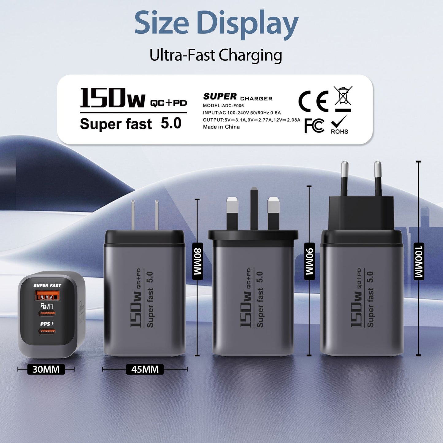 150W Fast Charging 3 Ports Mobile Phone Charger QC3.0 USB Type C Chargers Dual PD USB Wall Adapter EU/US Plug for iPhone Samsung