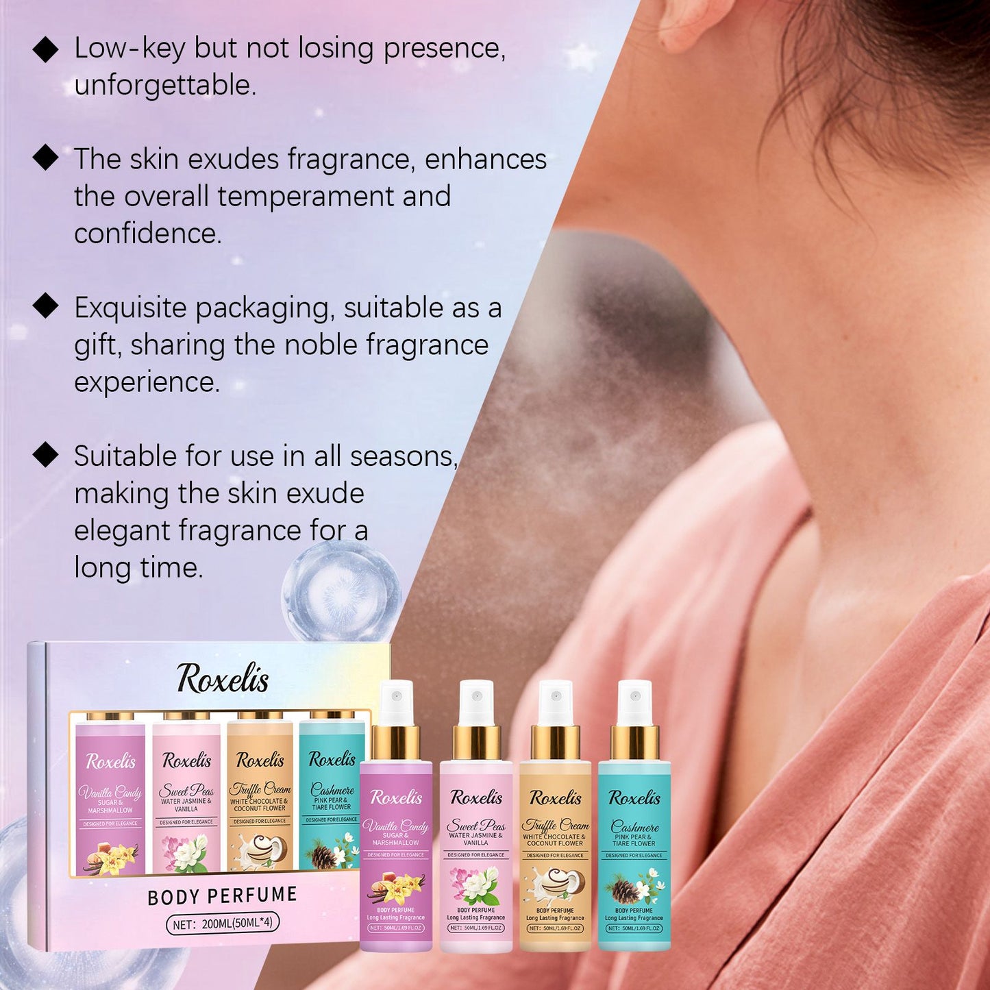 Roxelis 1 Conjunto de Perfume em Spray Corporal de Longa Duração com Fragrância de Frutas Frescas para o Dia a Dia, Encontros, Glamour, Flertes e Perfume Elegante