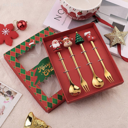 Stainless Steel Christmas Fork And Spoon Set with Gift Box for Coffee Tea Dessert Tableware