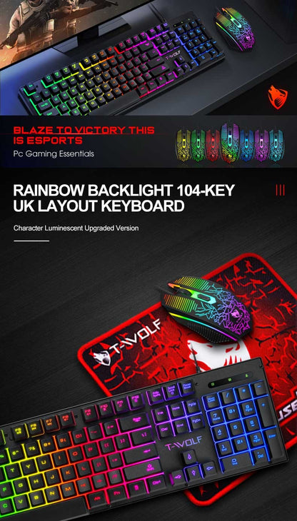 Teclado e Mouse Com Fio TF31 Conjunto Retroiluminado RGB Impermeável Luminoso Teclado de 104 Teclas Mouse com DPI Ajustável e Mouse Pad de Brinde