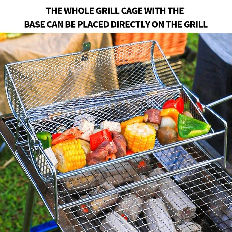 1 Rotating BBQ Grill Basket - Stainless Steel Mesh Roasting Cage with Handle, Portable Rolling Grill for Camping & Picnics
