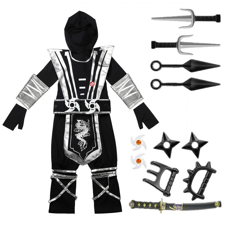 Children's Silver Dragon Ninja Costume Cartoon Masked Warrior Performance Outfit Halloween Anime Roleplay Holiday Party Costume